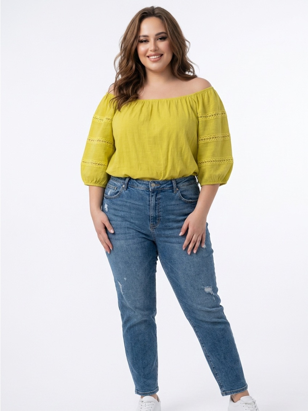 Mlle Gabrielle Yellow Peasant Tunic with Lace Trim